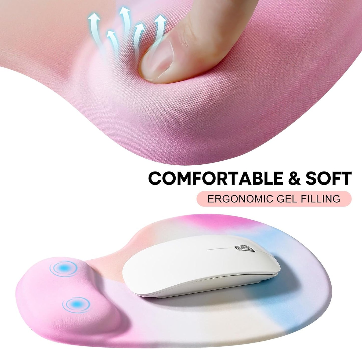 JIKIOU Mouse Pad, 2 Pack Ergonomic Mouse Pads with Comfortable Gel Wrist Rest Support and Smooth Cloth, Non-Slip PU Base for Easy Typing Pain Relief Durable and Easy to Clean Small Rainbow