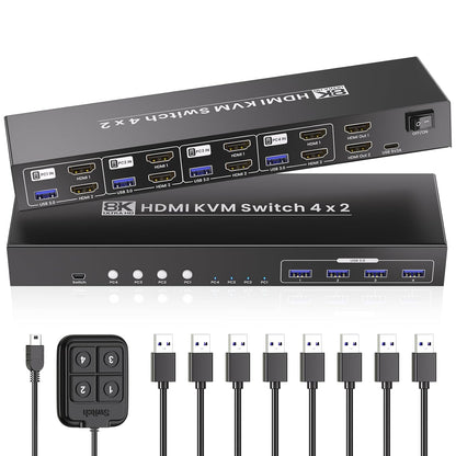 8K@60HZ 4K@120Hz HDMI KVM Switch 2 Monitors 4 Computers with 4 Port USB 3.0 Hub, 4 Port Dual Monitor HDMI KVM Switch for 4 Computers Share 1 Set of Keyboard, Mouse and 2 Monitors