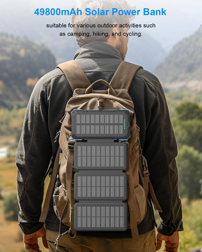 Solar Charger Power Bank 49800mAh with 4 Built-in Cables & 3 Foldable Panels, PD22.5W Fast Portable Phone Charger, External Battery Pack with USB-C in/Output & Flashlight for Outdoor Camping