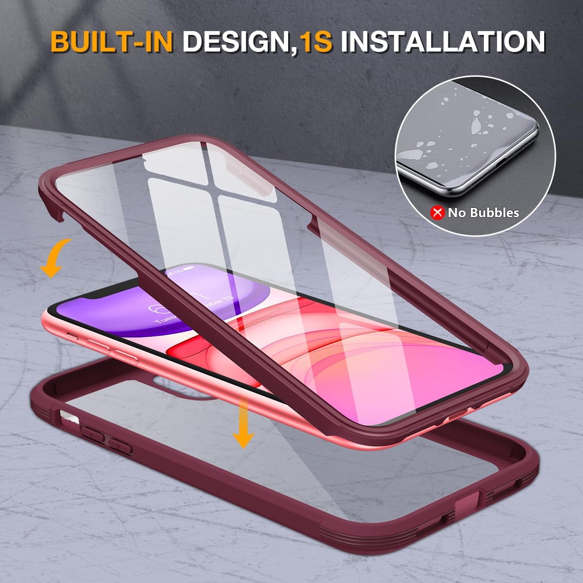 Miracase Glass Series for iPhone 11 Case 6.1 inch, Upgraded Full-Body Rugged Phone Bumper Case Cover with Built-in 9H Tempered Glass Screen Protector and Camera Protector, Wine Red