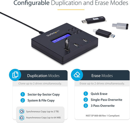 StarTech.com Standalone 1 to 2 USB Flash Drive Duplicator / Cloner / Eraser, Multiple USB Thumb Drive Copier / Sanitizer, System File / Sector-by-Sector Copy, 1.5 GB/min, 3-Pass Erase, LCD, TAA