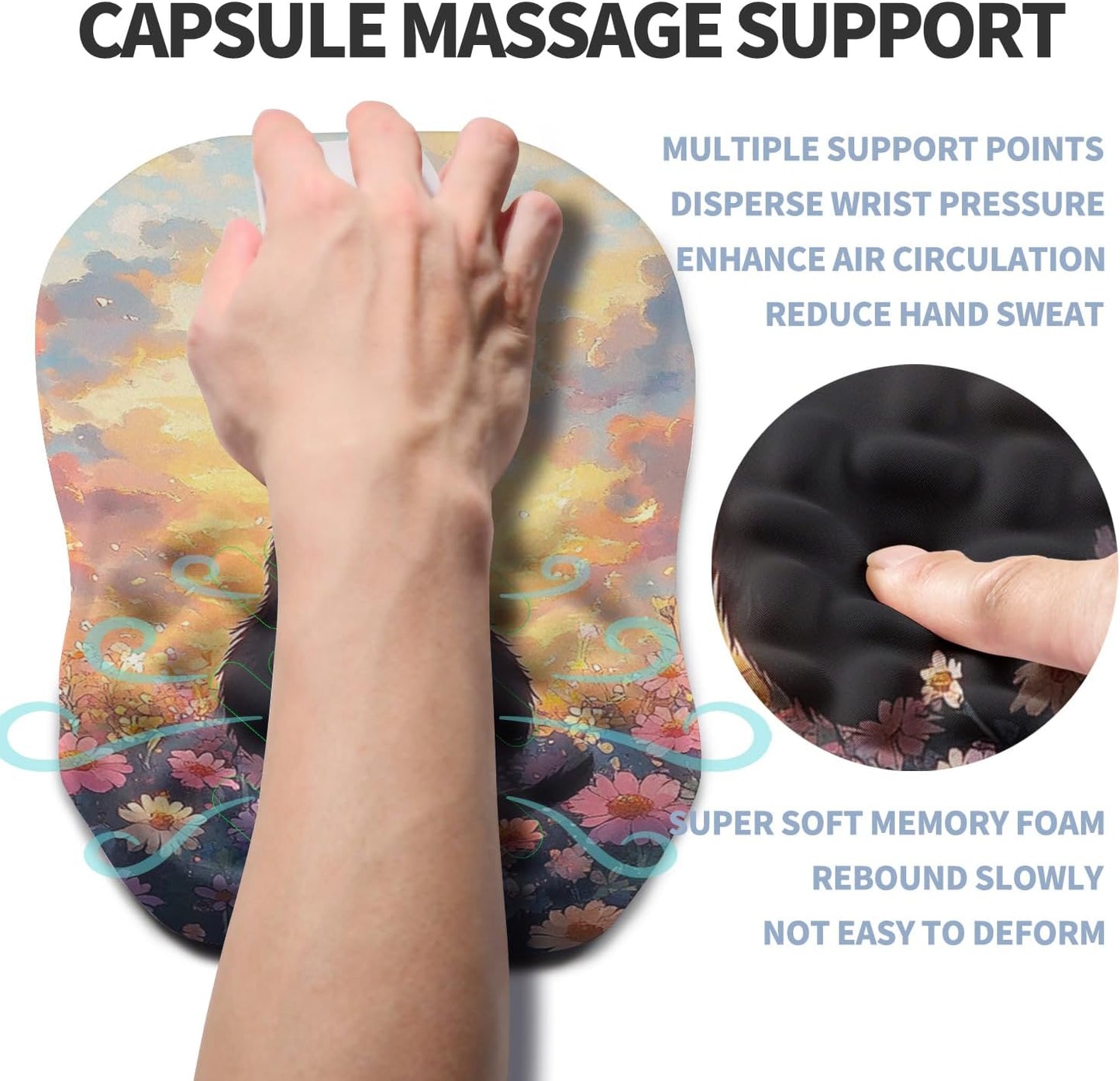Ergonomic Raised Mouse Pad Wrist Support with Bilateral Slope Memory Foam Mousepad for Wrist Rest and Carpal Tunnel Pain Relief 11.8x7.9〃Flower Sea Cat