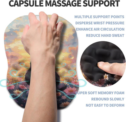 Ergonomic Raised Mouse Pad Wrist Support with Bilateral Slope Memory Foam Mousepad for Wrist Rest and Carpal Tunnel Pain Relief 11.8x7.9〃Flower Sea Cat