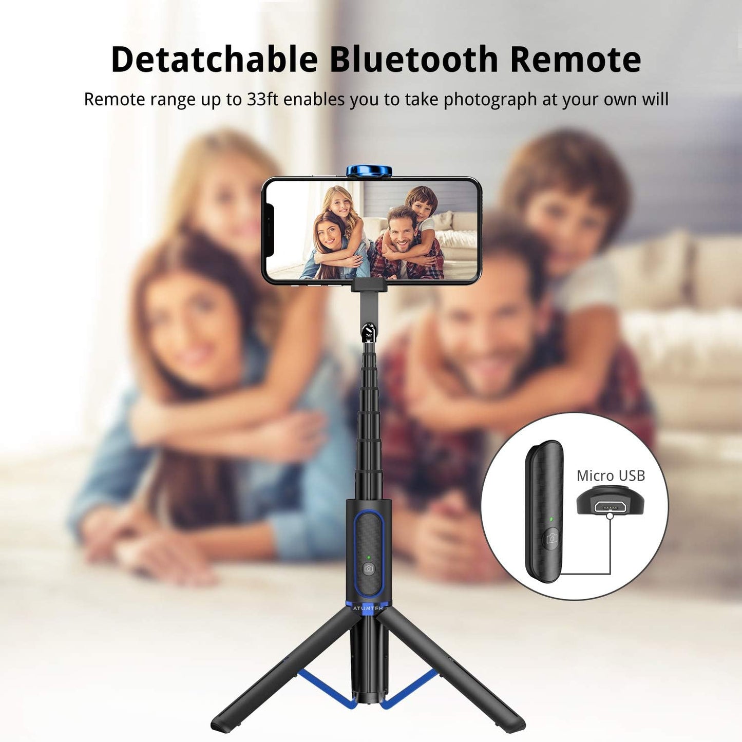 ATUMTEK Selfie Stick Tripod, Extendable 3 in 1 Aluminum Bluetooth Selfie Stick with Wireless Remote and Tripod Stand for iPhone 15/14/13/12/11/11 Pro/XS Max/XS/XR/X/8/7, Samsung Smartphones, Blue