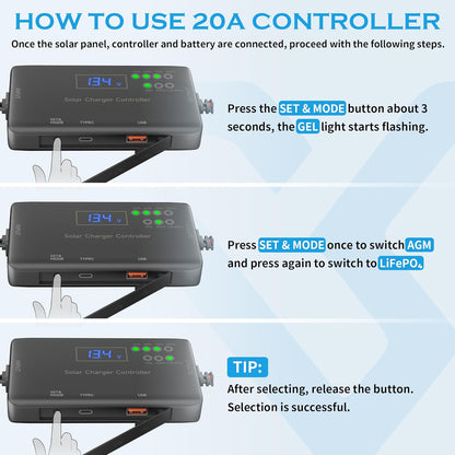 Solar Panel Charger Kit: 100W 12V Solar Panel with 20A Solar Charge Controller, Monocrystalline Solar Panel for RV Battery Car Trailer Marine Boat Caravan and Other Off Grid System