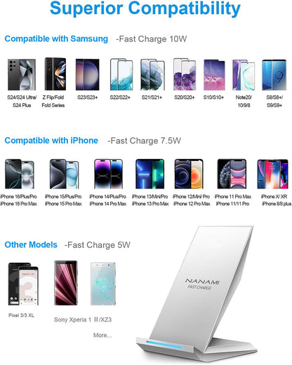 Fast Wireless Charger, NANAMI Qi Certified Wireless Charging Stand Compatible iPhone 16/16 Plus/16 Pro/16 Pro Max/15/14/13/12, Samsung Galaxy S25/S24/S23/S22/S21/S20/Note 20 Ultra and Qi-Enabled Phone