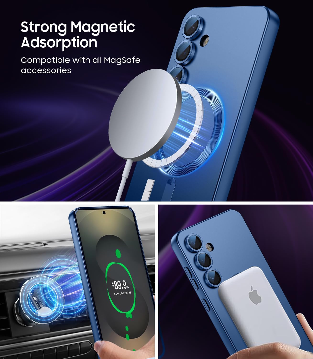 Magnetic for Samsung Galaxy S25 Plus Case [Compatible with MagSafe][Built-in Camera Lens Protector] Slim Soft Silicone Bumper Shockproof Metallic Luster Phone Shell (Blue)