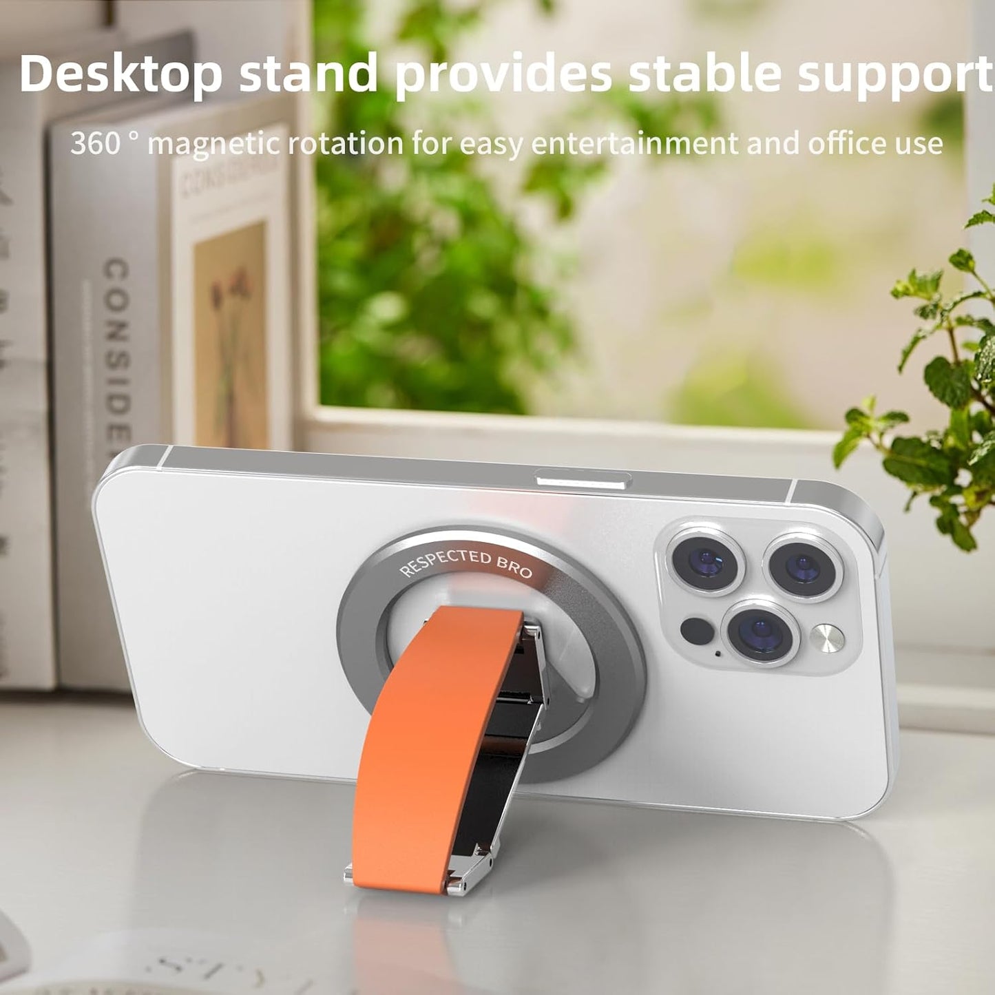 Magnetic-Phone-Grip-Stand, Magnetic Phone Ring Holder Kickstand with Silicone Finger Strap, Compatibility for iPhones, Androids, and More (Orange)