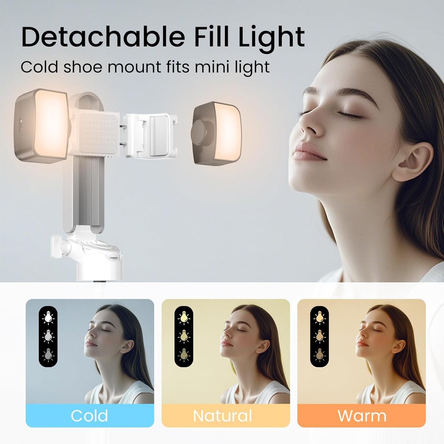 Mini Selfie Stick with 2 Fill Lights, Portable Phone Tripod with Remote and Cold Shoe Mount, Pocket Size Selfie Tripod for iPhone Android, Live Streaming, Video Recording(White)