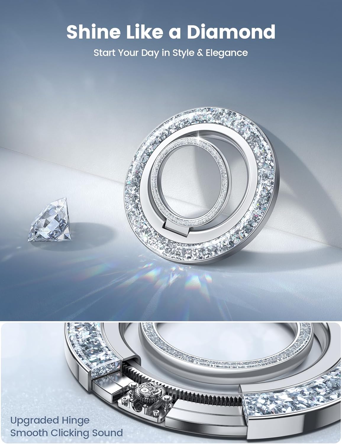 Lamicall Magnetic Phone Ring for MagSafe Grip - 2025 [Super Magnet] Stylish Twinkle Ring Holder Stand with [Upgrade Gear Hinge], Mag Safe Accessory for iPhone 16 15 14 13 Pro Max Plus, Glitter Silver