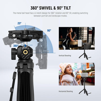 NEEWER TP38 Phone Camera Tripod, 15" Extendable Selfie Stick Metal Stand with Phone Holder, Action Camera Adapter Compatible with Hero 12 11 10 9, 360° Ball Head Travel Tripod for Vlogging