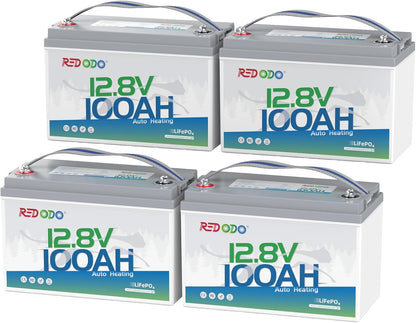 Redodo 12V 100Ah LiFePO4 Battery with Self Heating, Low Temperature Protection Group 31 Lithium Battery, Built in 100A BMS, 4000+ Deep Cycles, Perfect for RVs, Off-Grid in Cold Areas 4 Packs