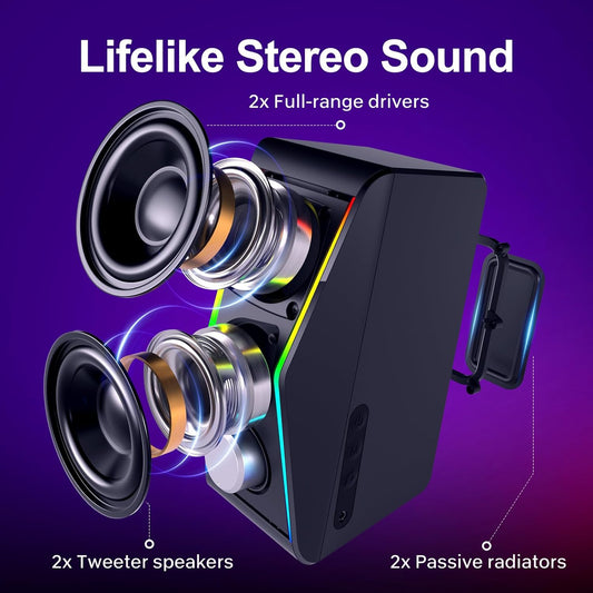 Computer Speakers, Bluetooth 5.0 Hi-Fi Stereo PC Speakers, 4 Dynamic Lighting Modes, AC Adapter Powered and 3.5mm AUX-in Computer Speakers for Desktop PC, Monitor, Laptop, Tablet, Phone