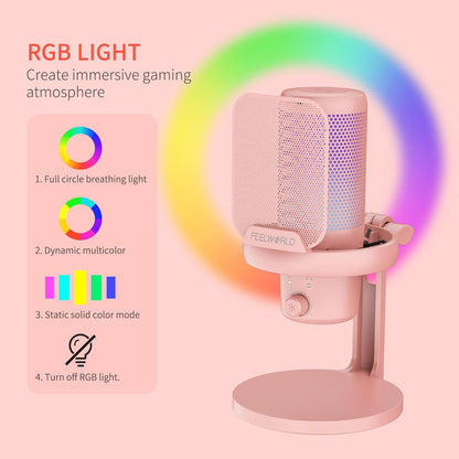 FEELWORLD VM1 Pink Gaming PC USB Microphone Condenser Mic with Noise Cancellation Mute RGB Light, Computer Accessories Gifts for Gamer YouTube Twitch Podcast Streaming Recording Online Chat PS4 PS5