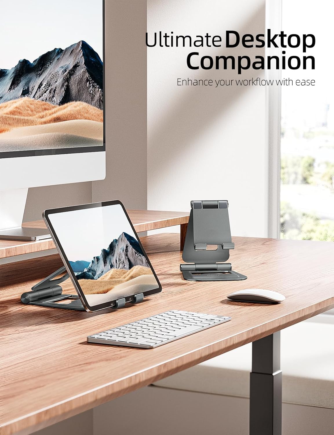 Nulaxy Aluminum Dual Foldable iPad Stand, Fully Adjustable Desktop Tablet Holder, Tablet Accessories for Office Kindle Compatible with Mobile Devices iPad Pro/Air/Mini, iPhone Pro/Max/Plus, Gray