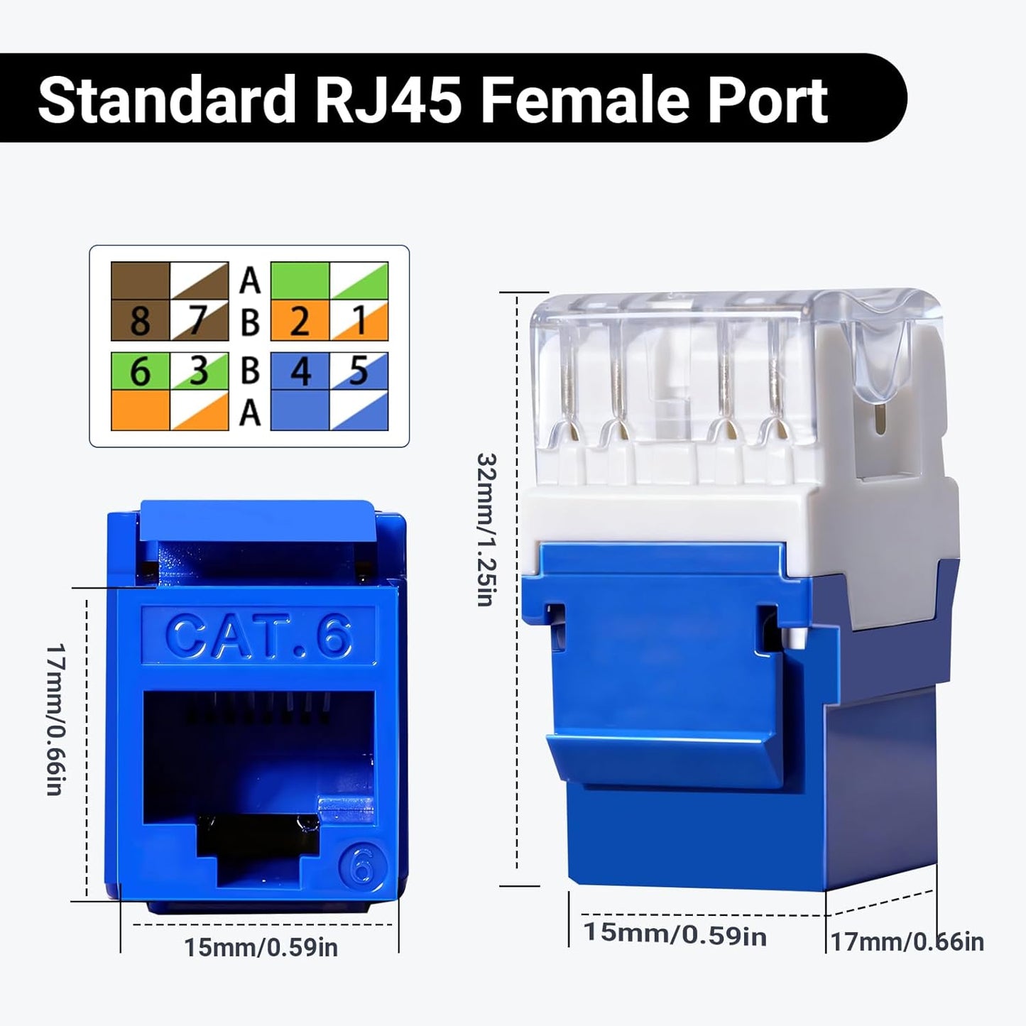 RJ45 Cat6 Keystone Jacks 25-Pack, Ethernet Keystone Jack, 180 Degree Punch-Down Cat 6 Keystone Jack Slim Profile for Wall Plates & Patch Panels – Blue
