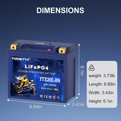 Lithium YTX20L-BS, 700A LiFePO4 Motorcycle Battery, 12V 10AH ATV, UTV, Jet Ski, 4 Wheeler, Snowmobile, Personal Watercraft, Seadoo, Polaris, Tractor,Generator and Riding Lawn Mower Battery