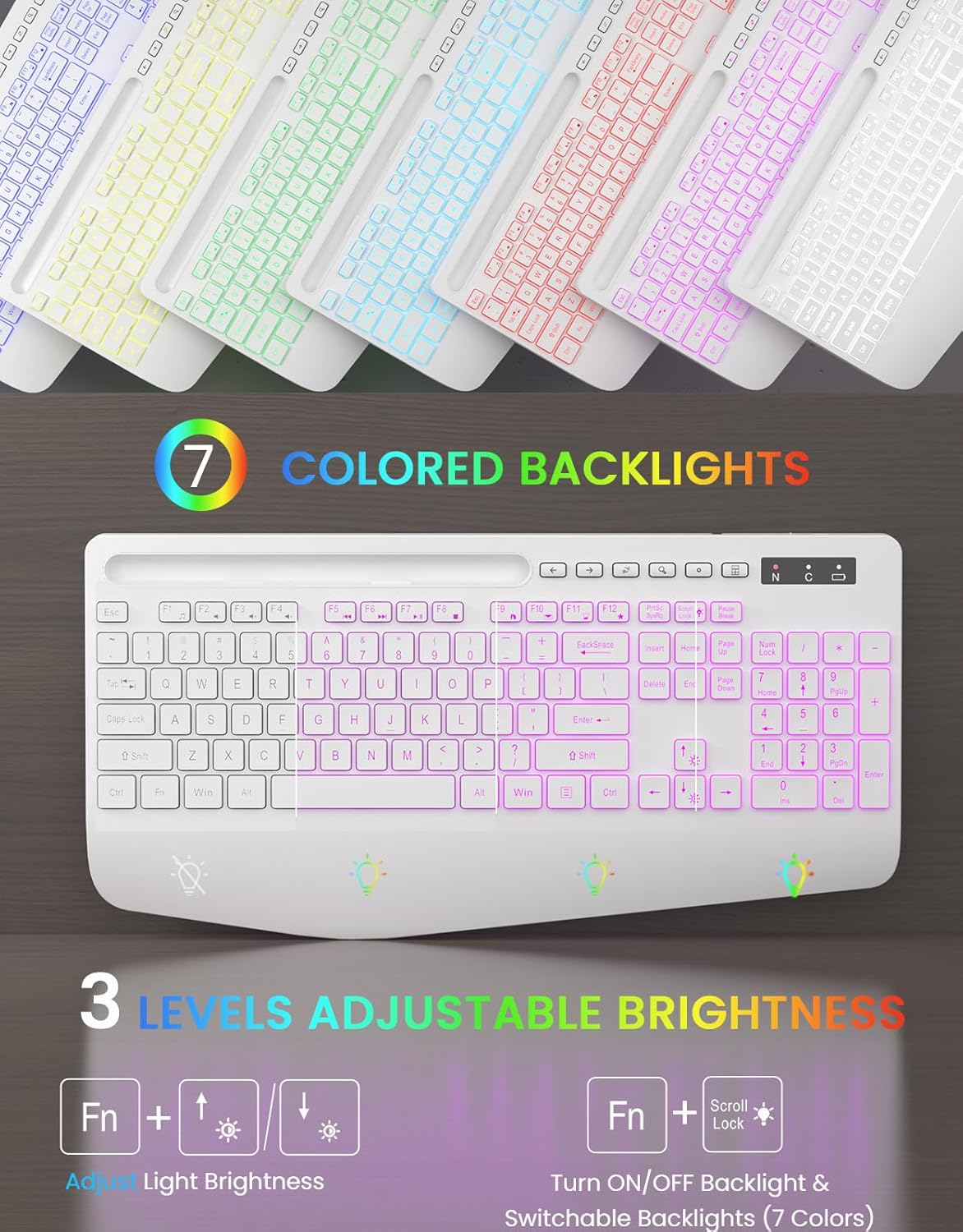 Wireless Keyboard with 7 Colored Backlit, Wrist Rest, Phone Holder, Rechargeable Ergonomic Computer Keyboard with Silent Keys, Full Size Lighted Keyboard for Windows, MacBook, PC, Laptop (White)