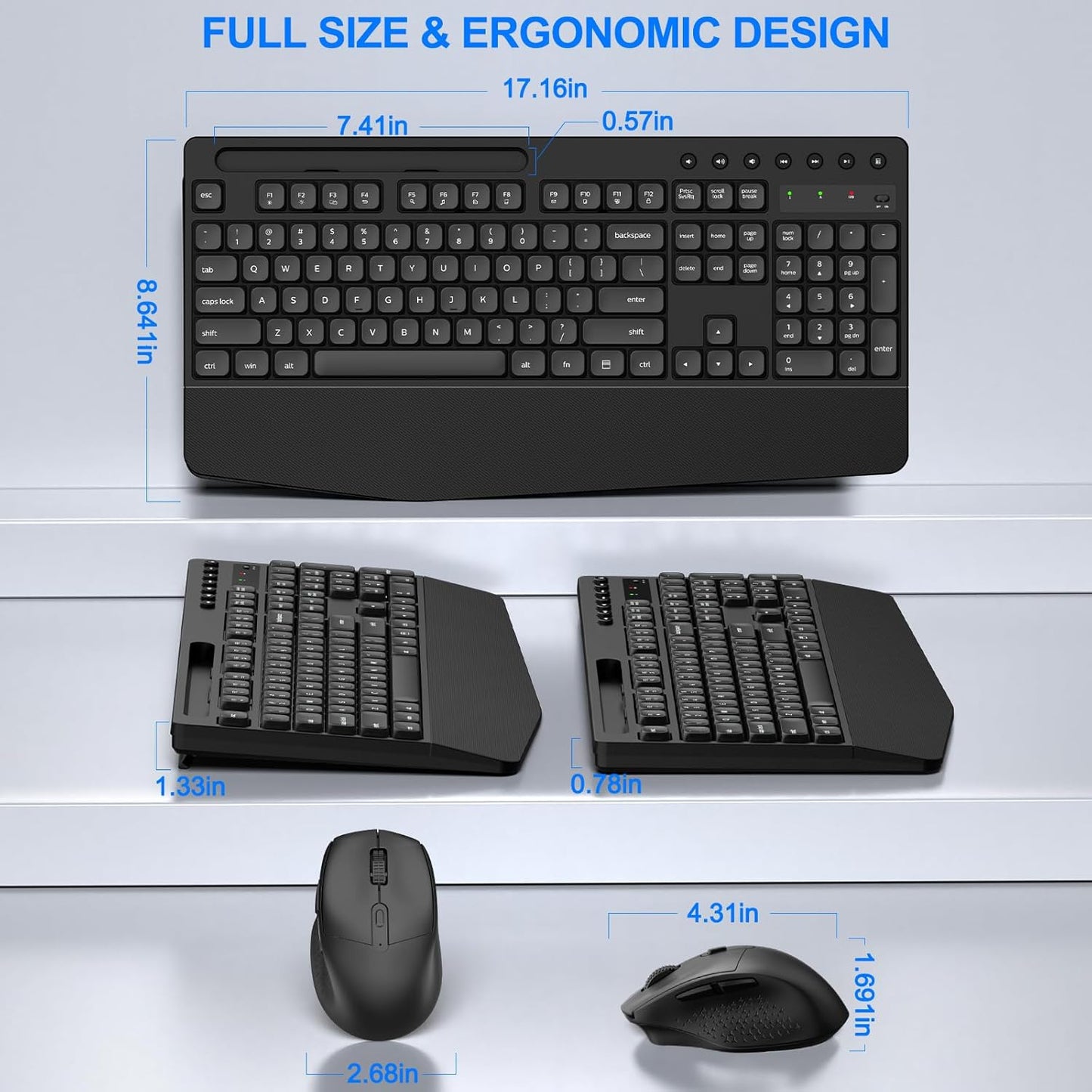 EDJO Wireless Keyboard and Mouse Combo, Full-Size Ergonomic Wireless Computer Keyboard with Wrist Rest, Phone Holder, Sleep Mode, Comfortable Natural Typing Set for Windows, Laptop, Mac, PC