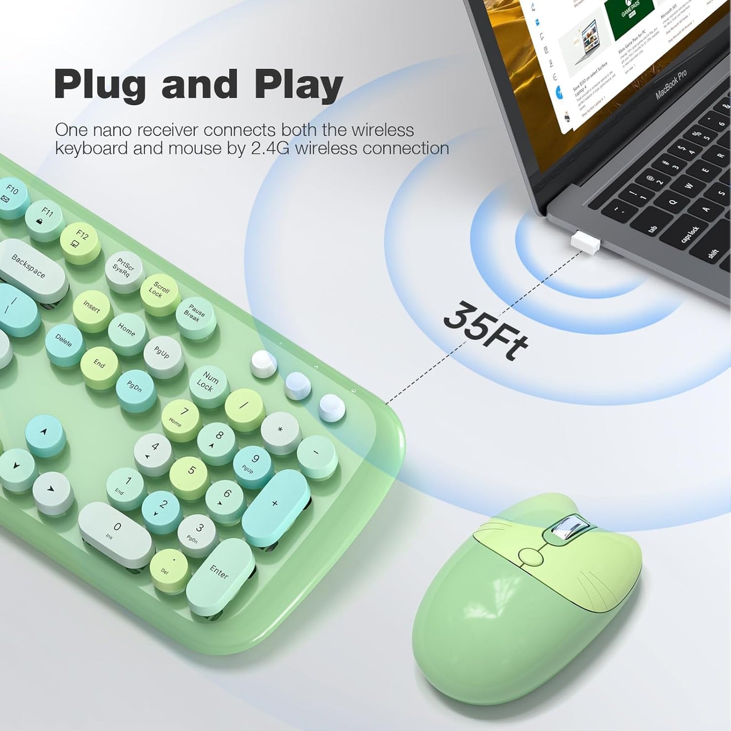KNOWSQT Wireless Keyboard and Mouse Combo Pale Green - Colorful 104 Key 2.4G Round Keycap Typewriter Keyboards, USB Dongle Plug and Play, for Laptop, Windows, PC, Computer, Desktop