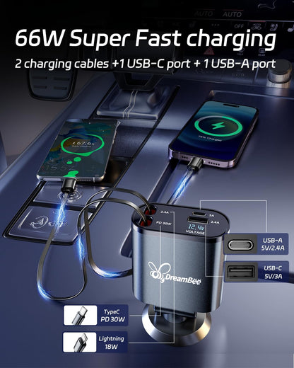 DreamBee Retractable Car Charger,66W 4 in 1 Super Fast Charge Car Phone Charger,Gifts for Men Women Car Truck Accessories for iPhone 15/14/13/12 Pro Max XR,iPad,Samsung,Pixel