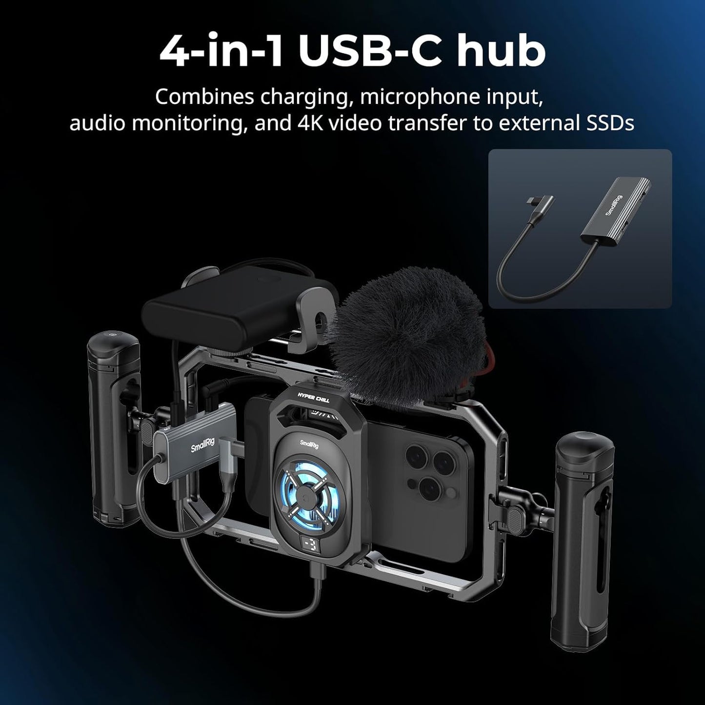 SMALLRIG All-in-One Cooling Dual Handle Phone Cage Kit for iPhone 17/16/Android, 15W Active Cooler & 4-in-1 USB-C Hub, Universal Compatibility 2.5-3.1" Phones, for Live Streaming- 5276