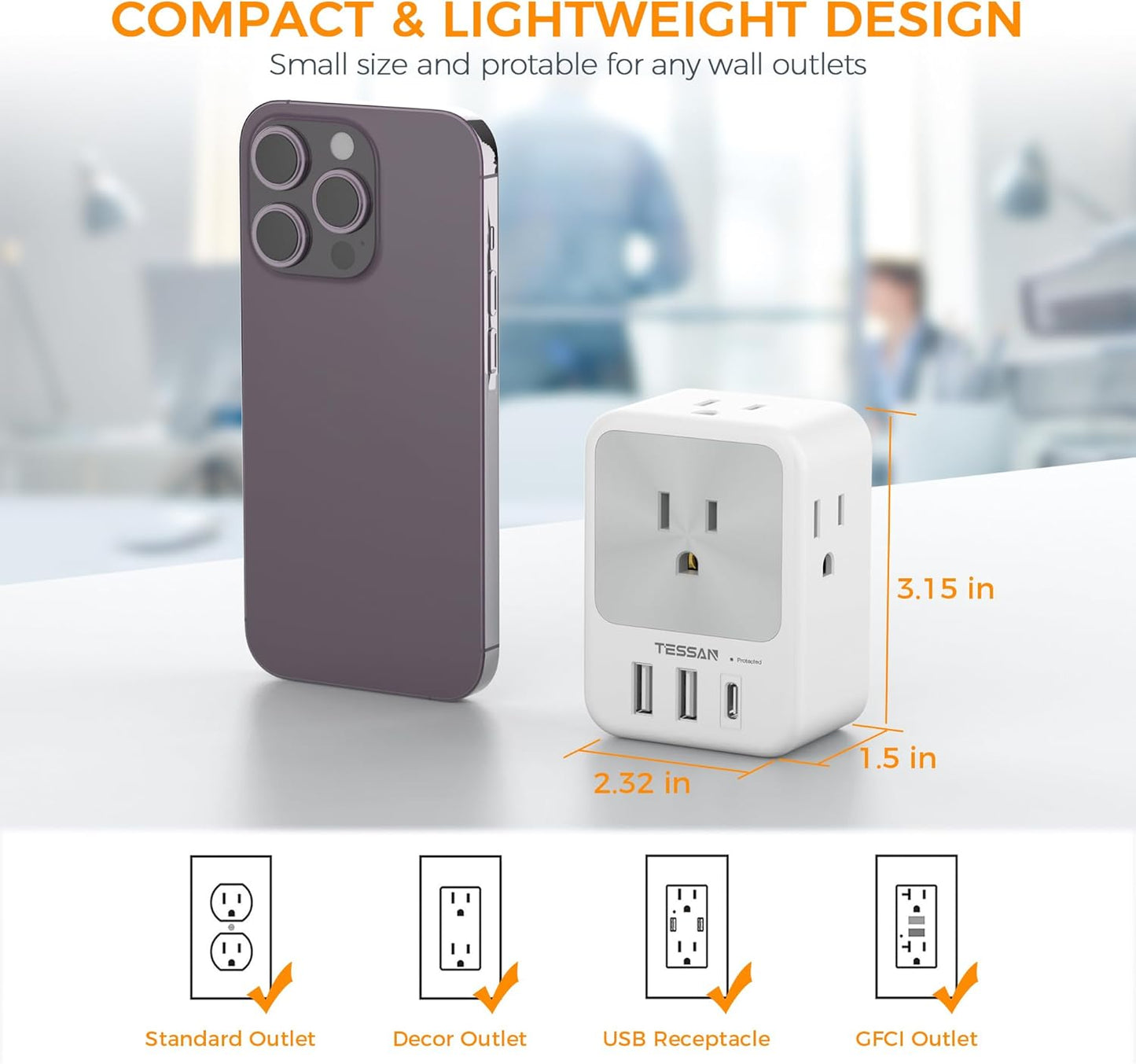 Surge Protector Wall Outlet Extender, TESSAN Multi Plug Outlet Splitter with 3 USB Charging Blocks(1 USB C), Multi Plug Wall Charger for Home, Office, School, College Dorm Essentials