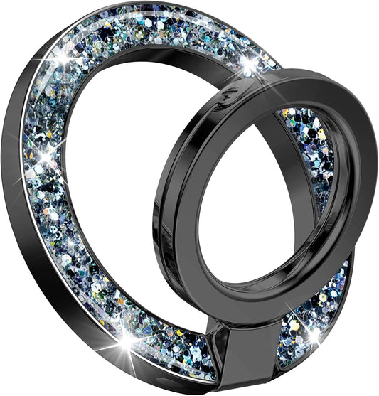 GVIEWIN Magnetic Phone Ring Holder, Compatible with MagSafe Phone Grip with Adjustable Stand, Magnet Phone Ring Kickstand for iPhone 16 Pro Max/Plus/15/14/13/12 Series/Other Phones (Glitter/Black)