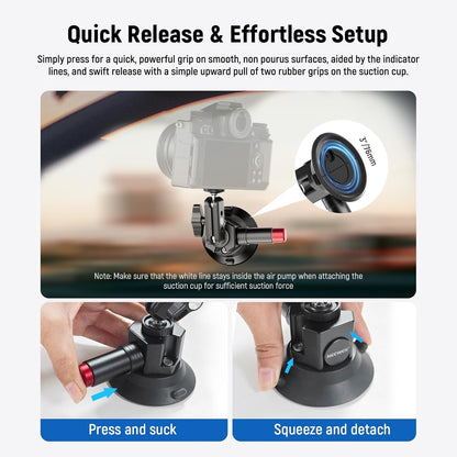 NEEWER 3" Suction Cup Mount with Phone Holder Action Camera Adapter Compatible with iPhone GoPro DJI Insta360, Ball Head Magic Arm Cleaning Cloth Quick Release Car Mount for POV Video Recording, CA104