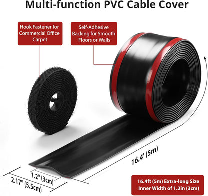 16.4ft Cord Cover Floor, Soft PVC Cord Covers for Wires on Floor, Self-Adhesive Floor Cable Cover Cord Hider, Floor Cable Management Cable Protector for Commercial Office Carpet/Floors/Wall Black