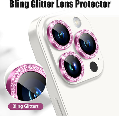 AGVEE 3+3 6 Pack for iPhone 15 Pro 6.1" / 15 Pro Max 6.7" Camera Lens Cover Protector, Bling Diamond & Bling Glitter Metal Ring 9H Tempered HD Glass Camera Cover Protector Film, Bling-Rose