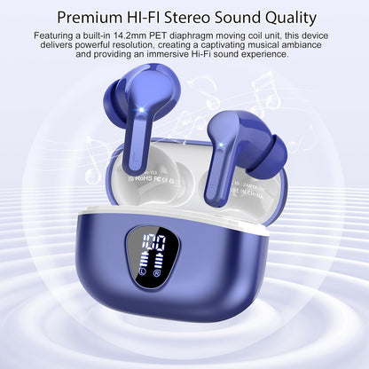 Wireless Earbuds, Bluetooth 5.4 Headphones HiFi Stereo, Bluetooth Earbuds with ENC Noise Cancelling Mic, IP7 Waterproof in Ear Earphones, 48H, LED Display Ear buds for Pad Workout Sports, Blue