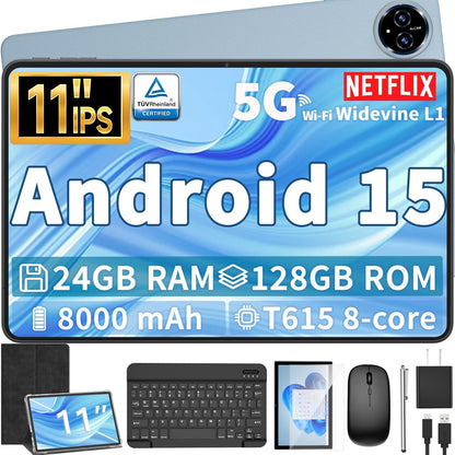 Android 15 Tablet, 11 inch Tablet with Keyboard, 24GB+128GB, 1TB Expand, Octa-Core, 2.4G/5G WiFi, 8000mAh, BT V5.0, GMS Certified, IPS Touch Screen, GPS, 2 in 1 with Case, Mouse, Stylus(Black)