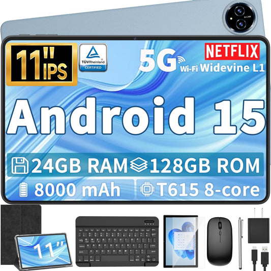 Android 15 Tablet, 11 inch Tablet with Keyboard, 24GB+128GB, 1TB Expand, Octa-Core, 2.4G/5G WiFi, 8000mAh, BT V5.0, GMS Certified, IPS Touch Screen, GPS, 2 in 1 with Case, Mouse, Stylus(Black)