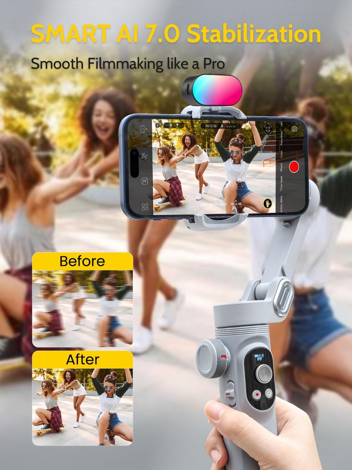 Gimbal Stabilizer for Smartphone,RGB Magnetic Refill Light Set,OLED Display LED Light Focus Wheel, Professional 3-axis stabilizer for Android &iPhone, AOCHUAN XPRO KIT Grey