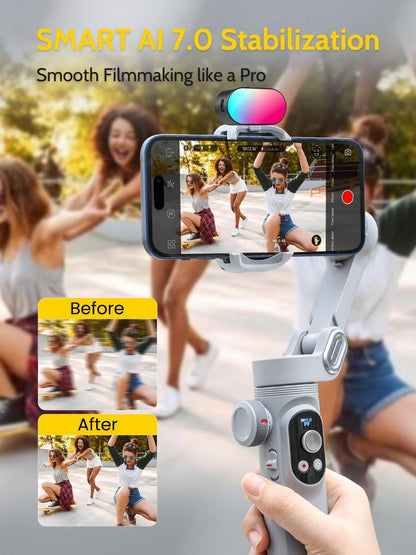 Gimbal Stabilizer for Smartphone,RGB Magnetic Refill Light Set,OLED Display LED Light Focus Wheel, Professional 3-axis stabilizer for Android &iPhone, AOCHUAN XPRO KIT Grey