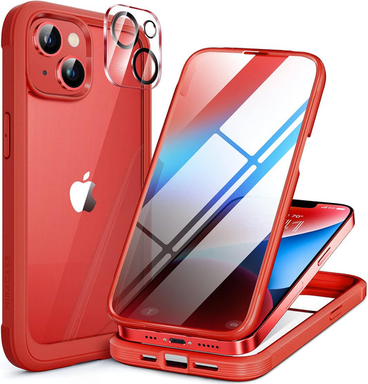 Miracase Glass Series Designed for iPhone 14 Plus Case 6.7 inch, 2023 Upgrade Full-Body Clear Bumper Case with Built-in 9H Tempered Glass Screen Protector and Camera Lens Protector,Red