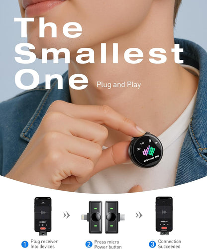 Wireless Lavalier Microphone for iPhone: 2PCS Mini Wireless Microphones for Android Equipment - Noise Reduction Lapel Mic for Professional Recording - 80h Battery Life - 48KHz Studio Sound