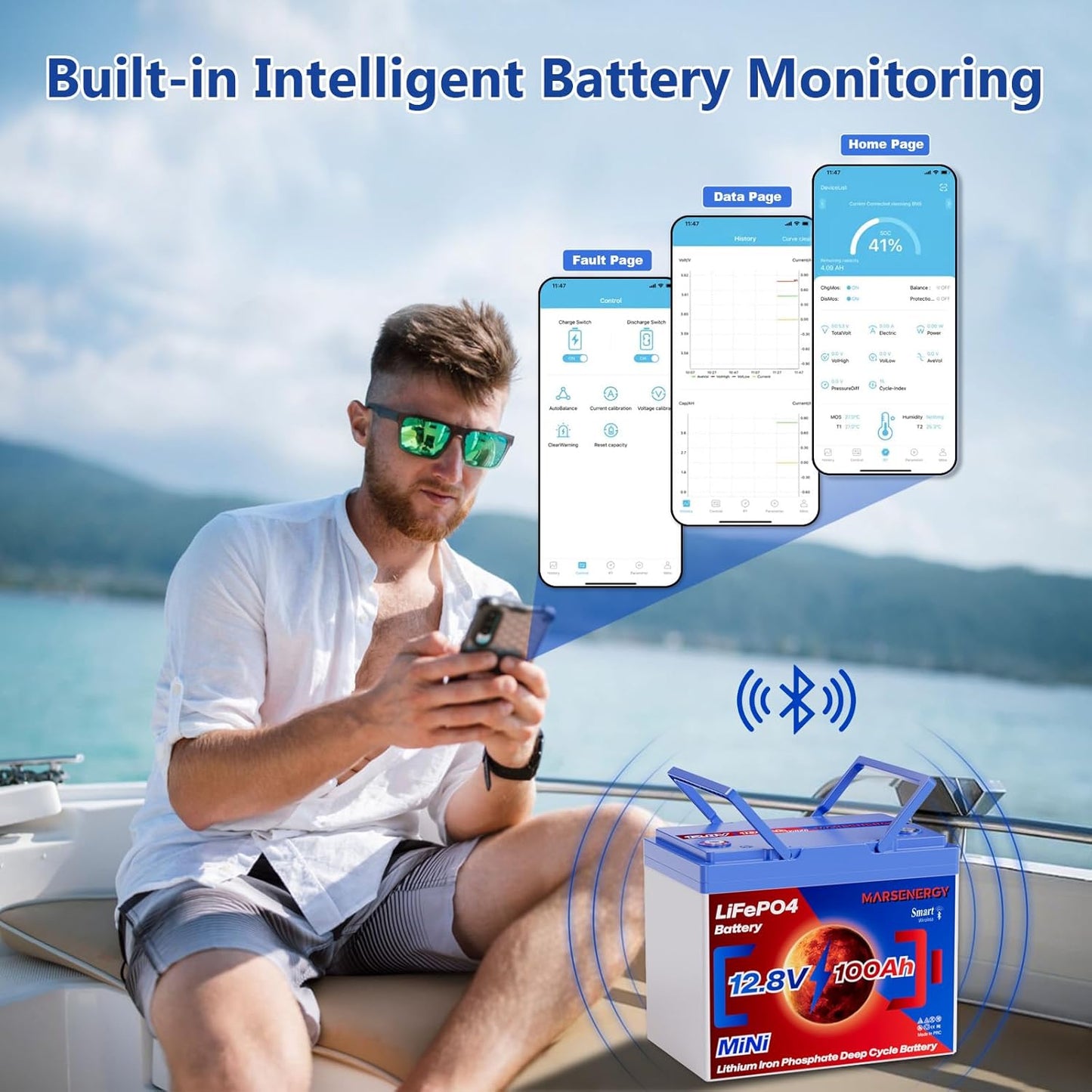 12V 100Ah Lifepo4 Battery, Bci Group 24, Built-In 100A Smart BMS, 4500 To 15000 Deep Cycle Grade A Cells Lithium Battery For Rv, Trolling Motor, Marine, Home Energy Storage, Solar Panel System (BT2PC)