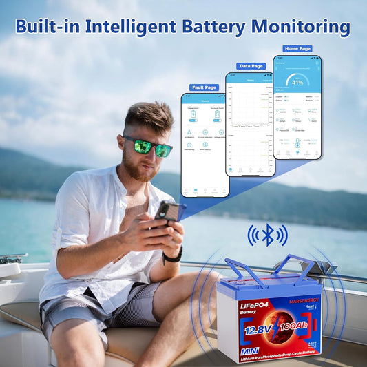 12V 100Ah Lifepo4 Battery, Bci Group 24, Built-In 100A Smart BMS, 4500 To 15000 Deep Cycle Grade A Cells Lithium Battery For Rv, Trolling Motor, Marine, Home Energy Storage, Solar Panel System (BT1PC)