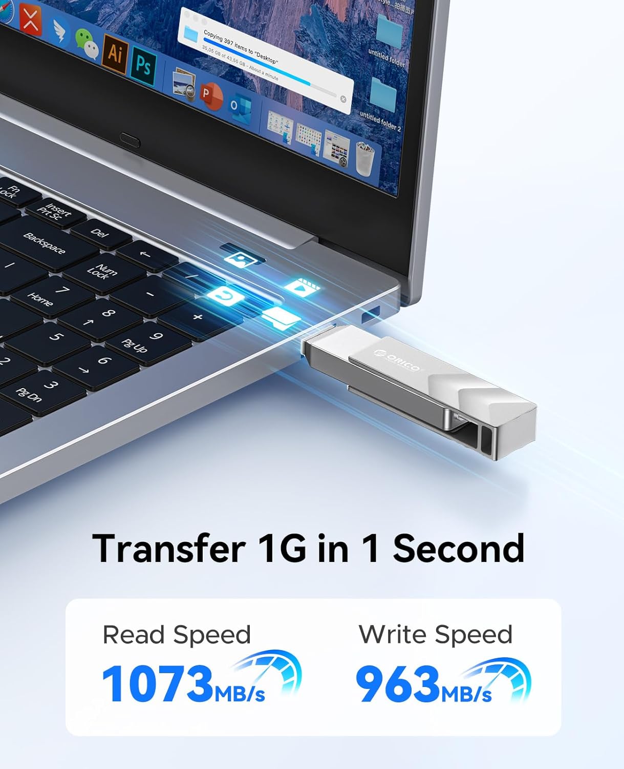 ORICO 1TB Portable Solid State Drive, 1050MB/s Dual-Port Rotating Metal External SSD with 90° Click-Stop, Reliable Storage for iPhone 16, 15 Series, Type-C Smartphone, Mac, Audio, Vehicle - A101