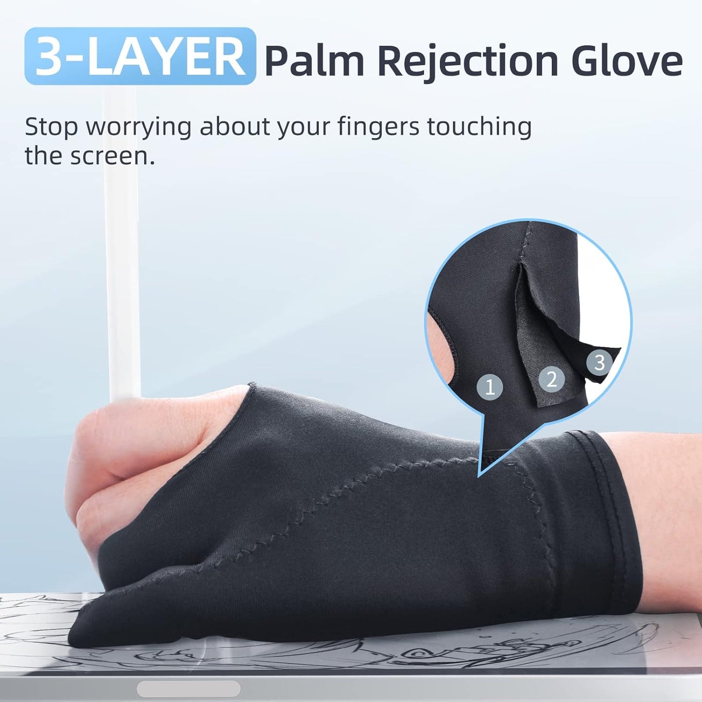 2-Pack Drawing Glove Palm Rejection for iPad Surface All Capacitive Touch Screen Artist Right/Left Hand Graphic Tablet, Graphics Monitor Digital Drawing Sketching, Inking, Coloring Two Finger Gloves