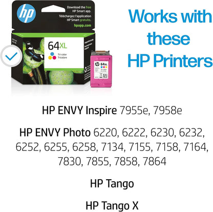 HP 64XL Tri-color High-yield Ink Cartridge for HP Printers | Works with Printer Series: ENVY Inspire 7950e; ENVY Photo 6200, 7100, 7800; Tango | Eligible for Instant Ink | N9J91AN