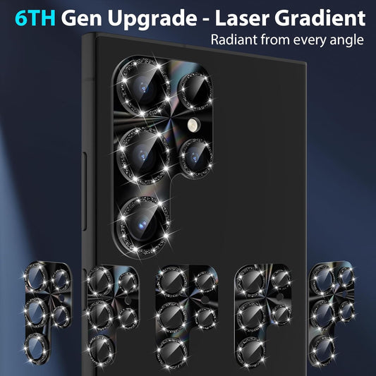 YWXTW Camera Lens Protector for Samsung Galaxy S24 Ultra, [Lithography Laser Gradient] [5X Strengthen] Bling Glitter Tempered Glass Screen Protector Metal Ring Camera Lens Cover (Titanium Black)