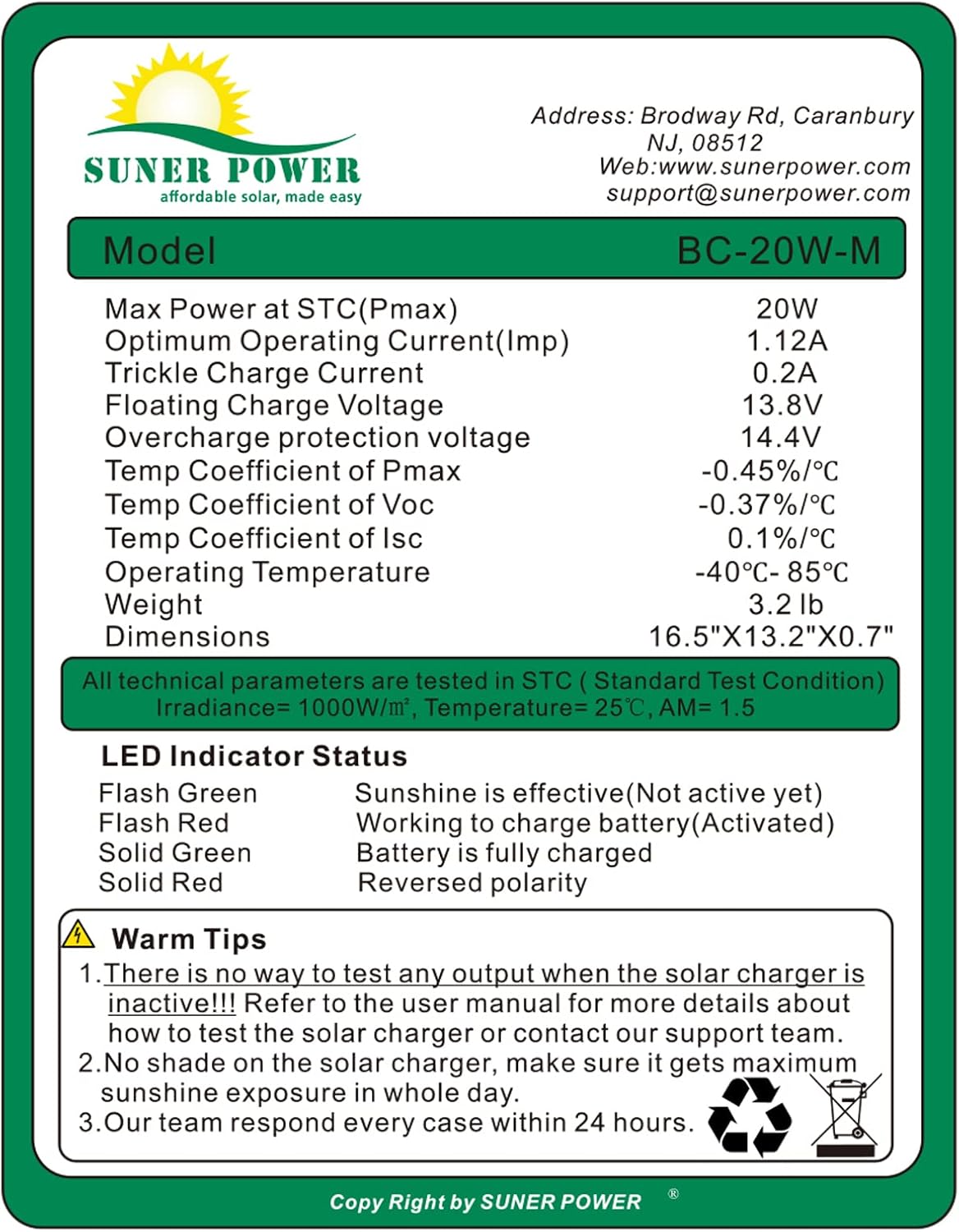 SUNER POWER 20W 12V Solar Battery Charger Maintainer, Built-in Smart MPPT Charge Controller, Adjustable Mount Bracket, Waterproof 20 Watt Solar Panel Kits for Car Automotive Boat Marine RV Trailer