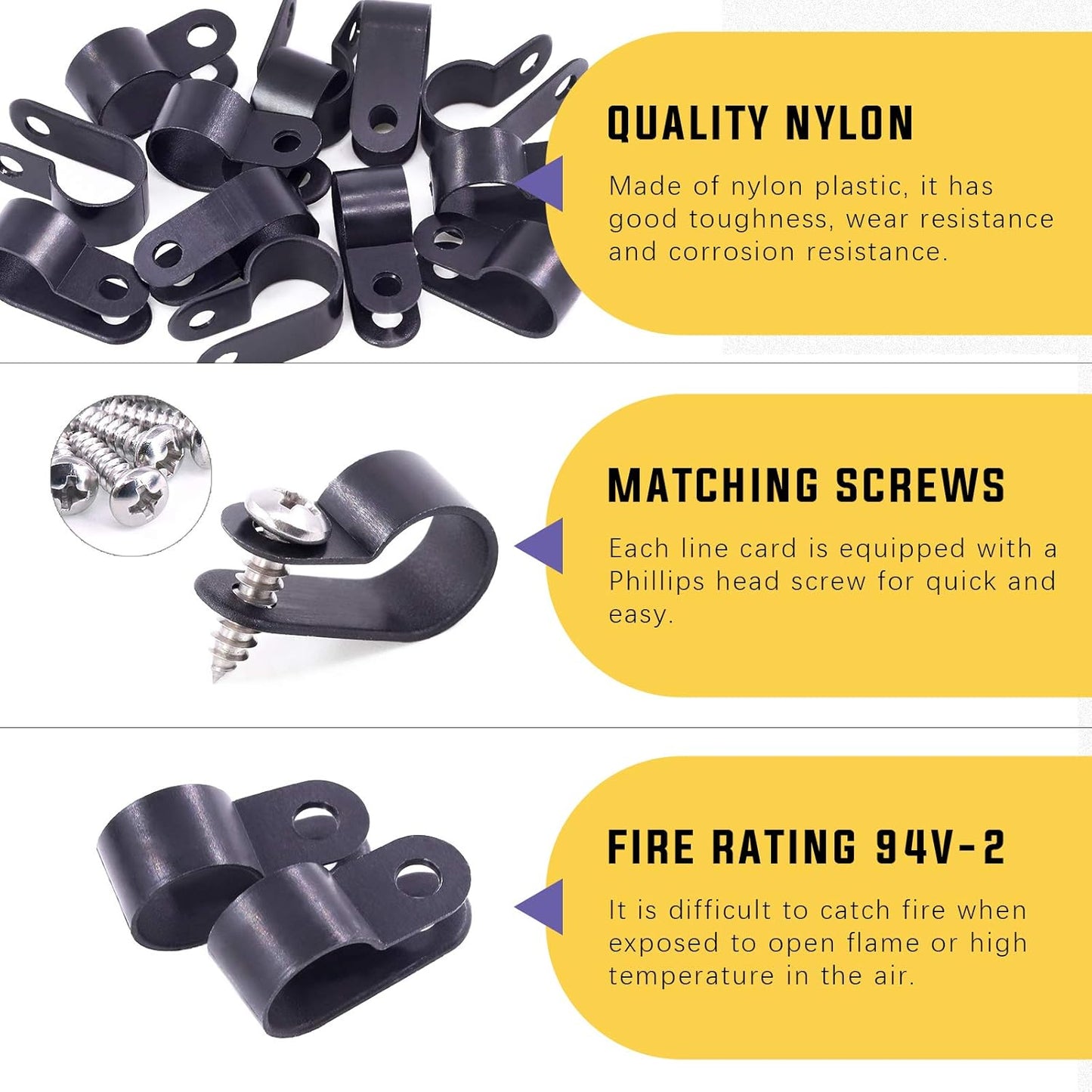 Swpeet 120 Pack Black 1/2 Inch Nylon Plastic R-Type Cable Clips Clamp Kit, Nylon Screw Mounting Cord Fastener Clips with 120 Pack Screws for Wire Management (1/2 Inch, Black)