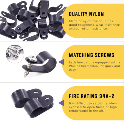 Swpeet 120 Pack Black 1/2 Inch Nylon Plastic R-Type Cable Clips Clamp Kit, Nylon Screw Mounting Cord Fastener Clips with 120 Pack Screws for Wire Management (1/2 Inch, Black)