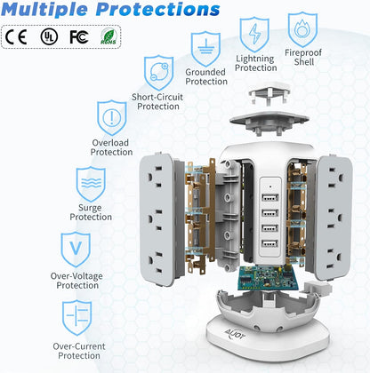 Power Strip Tower with USB Ports-AiJoy Surge Protector with 12 AC Outlet and 4 USB Ports, 10 Feet Extension Cord, USB Charging Station with Overload Protection, Office Desk Supplies, Dorm Essentials