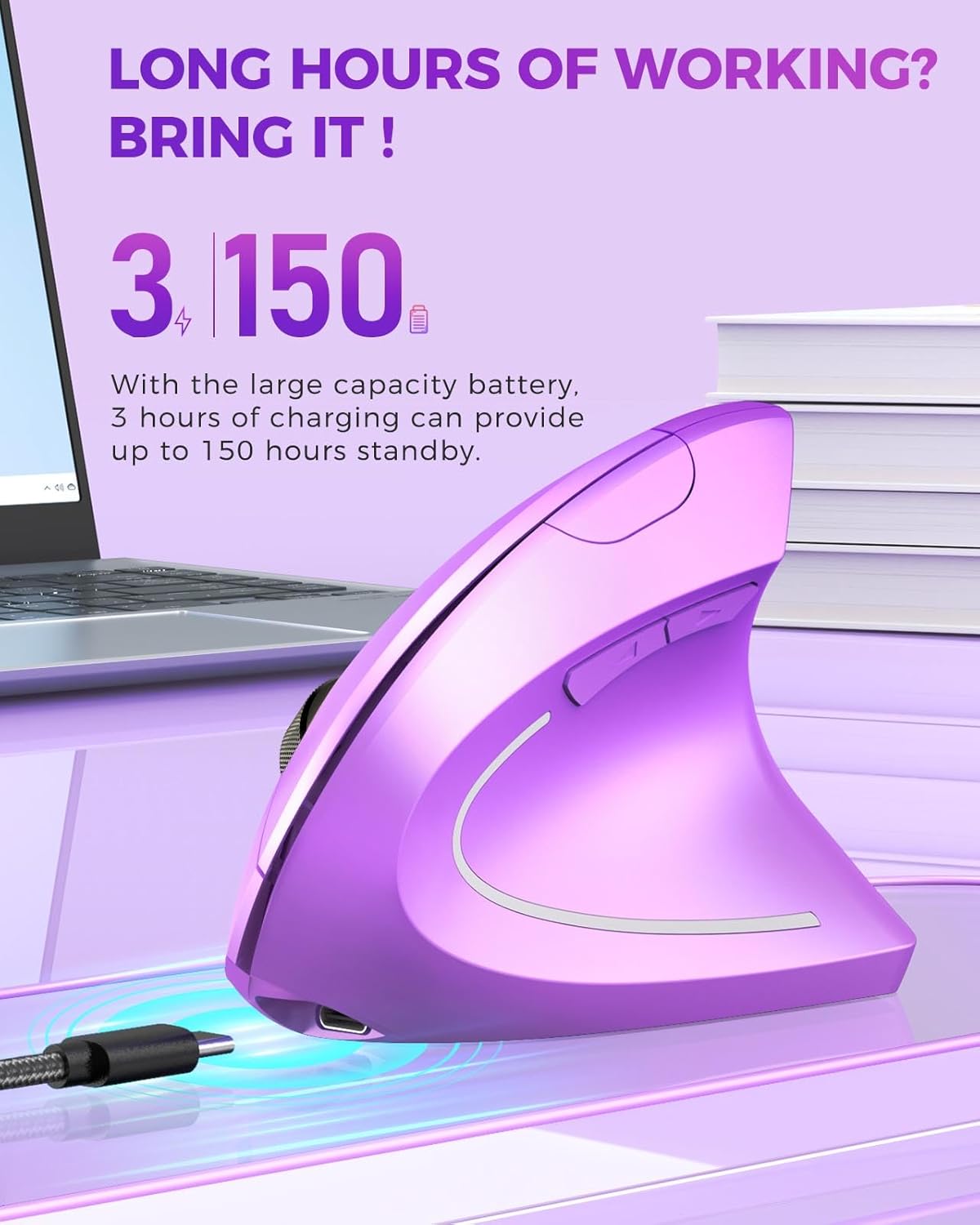 Lekvey Ergonomic Mouse, Wireless Vertical Mouse Rechargeable 2.4 GHz Optical Carpal Tunnel Mice : 800/1200 / 1600 DPI, 6 Buttons, for Laptop, PC, Computer, Desktop, Notebook etc, Purple