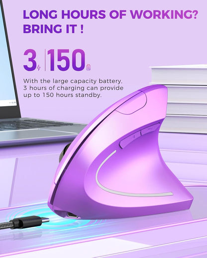 Lekvey Ergonomic Mouse, Wireless Vertical Mouse Rechargeable 2.4 GHz Optical Carpal Tunnel Mice : 800/1200 / 1600 DPI, 6 Buttons, for Laptop, PC, Computer, Desktop, Notebook etc, Purple